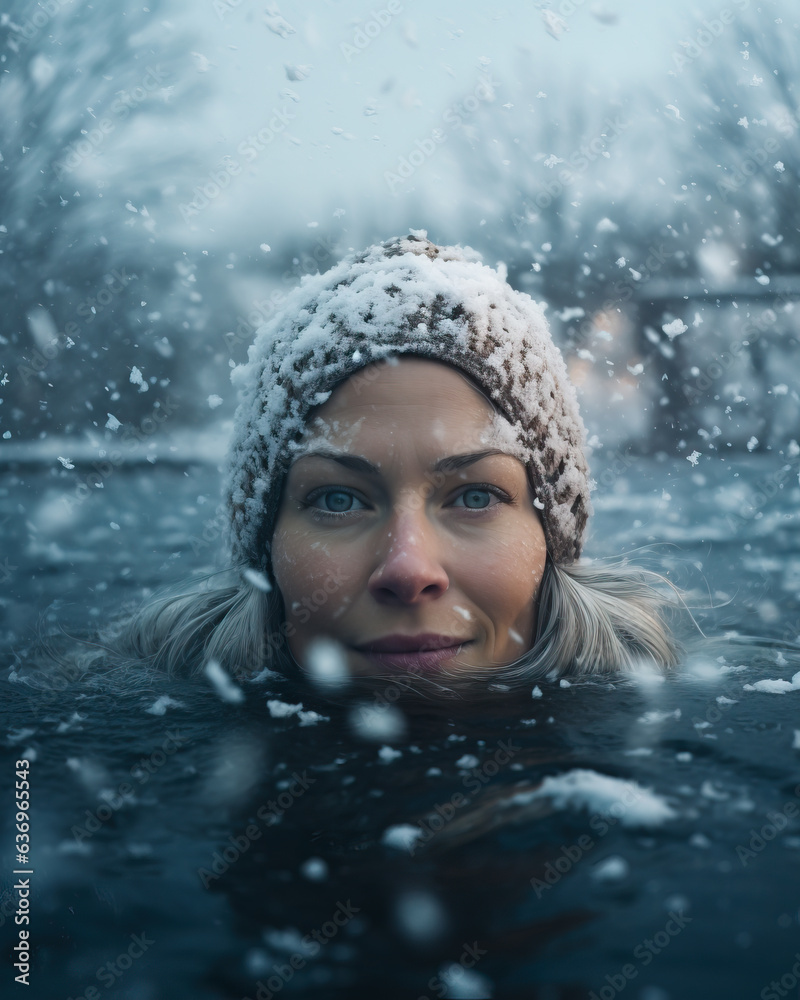 Woman swimming in cold water in the night with scenic snowfall making for a winter wonderland. Concept of winter bathing and swimming for health gains. Woman swimming in cold water in the night with scenic snowfall making for a winter wonderland. Concept of winter bathing and swimming for health gains.