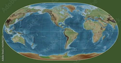 World map. Colored elevation. Loximuthal projection. Meridian: -90 west
