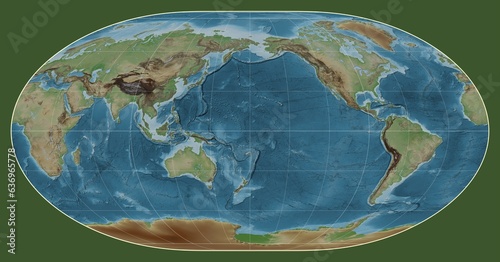 World map. Colored elevation. Loximuthal projection. Meridian: 180