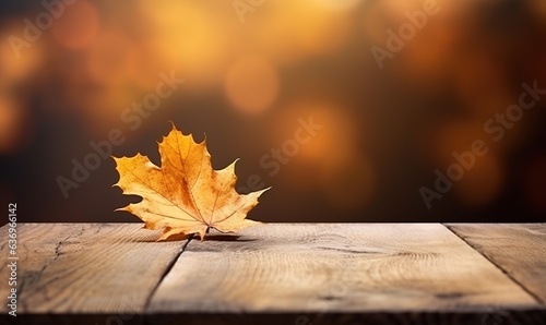 autumn maple leaves on wooden table top. autumn landscape. Free space for decoration Generative AI