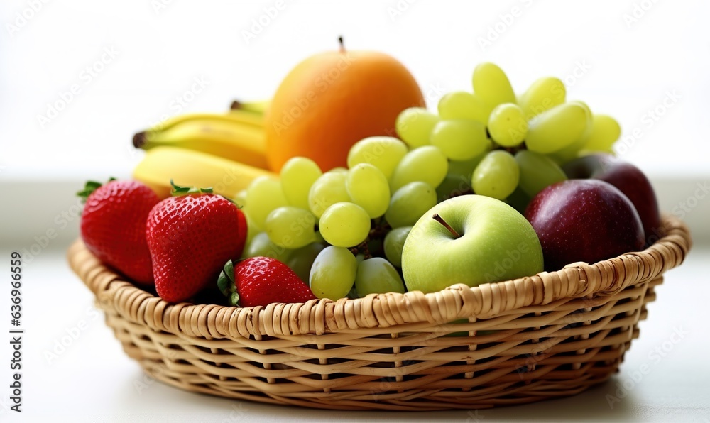 Composition with fruits and wicker basket on white Generative AI Composition with fruits and wicker basket on white Generative AI
