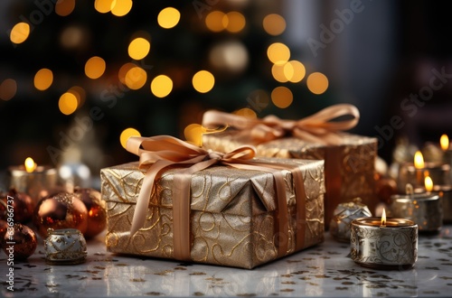 Christmas gifts box under the tree. Festive Christmas and New Year evening cozy background. generative ai © megavectors