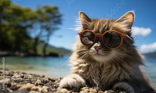 animal cat summer holiday. A kitten With Sunglasses Going to a photo shoot. Generative AI