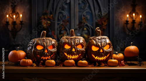 Scary Halloween Trio, Three Pumpkins on Spooky Table