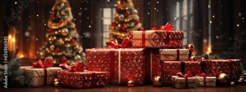 Christmas gifts box under the tree. Festive Christmas and New Year evening cozy background. generative ai