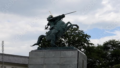 August 16, 2023, Yamagata City, Yamagata Prefecture. Equestrian statue of Mogami Yoshiaki at Yamagata Castle. photo