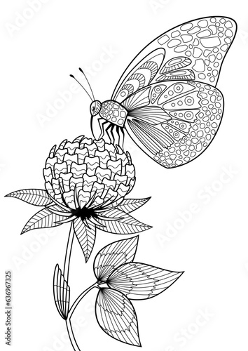 Butterfly on flower doodle coloring book page. Black and white vector zentangle illustration.