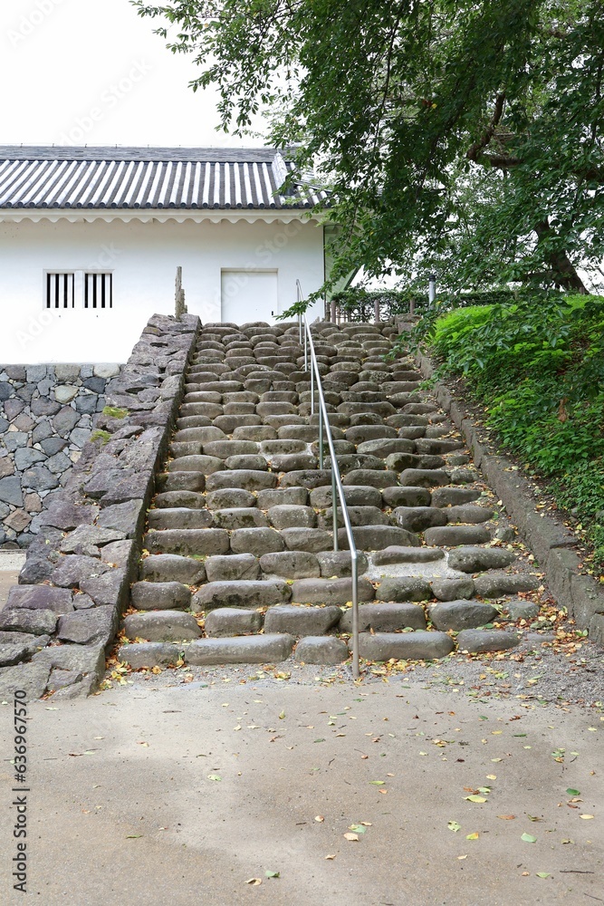 Yamagata City, Yamagata Prefecture, Japan, August 16, 2023.Stone wall of Yamagata Castle.