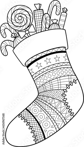 Christmas sock doodle coloring book page. Black and white vector zentangle illustration.
