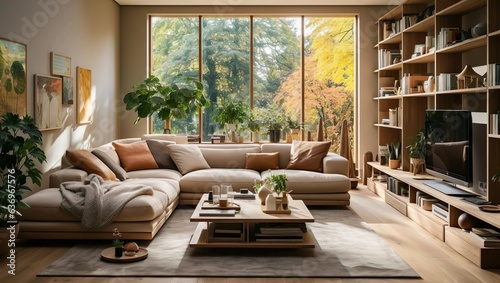 A living room with a couch coffee table and bookshelves with large glass of window © Adi