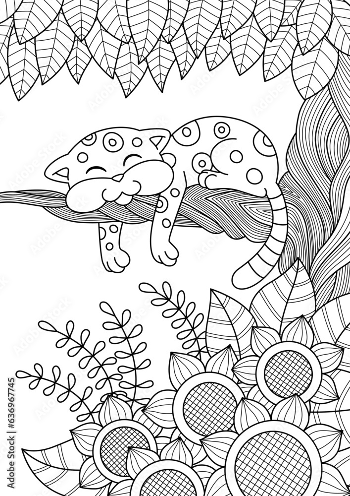 Fototapeta premium Cute leopard is lying on tree doodle coloring book page. Black and white vector zentangle illustration.