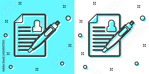 Black line Resume icon isolated on green and white background. CV application. Searching professional staff. Analyzing personnel resume. Random dynamic shapes. Vector