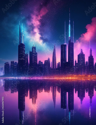 water color painting of skyscrapers at night  in a future city