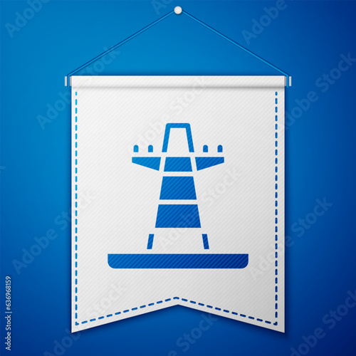 Blue Electric tower used to support an overhead power line icon isolated on blue background. High voltage power pole line. White pennant template. Vector