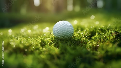 A golf ball lying on a lawn field, a golf banner.