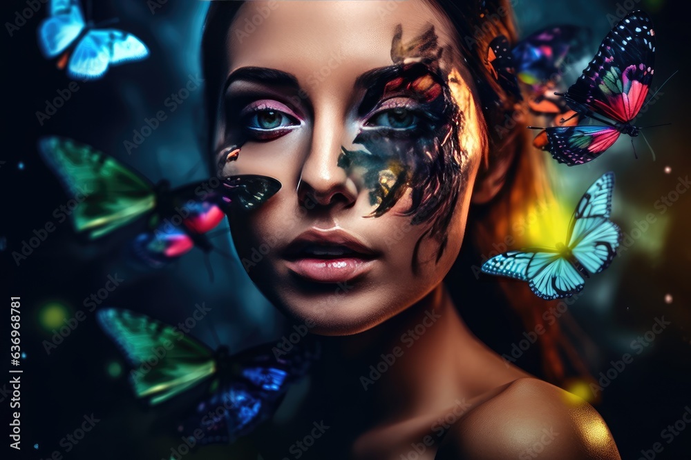 Obraz premium Sensual woman with body art and colored butterflies. Generative AI
