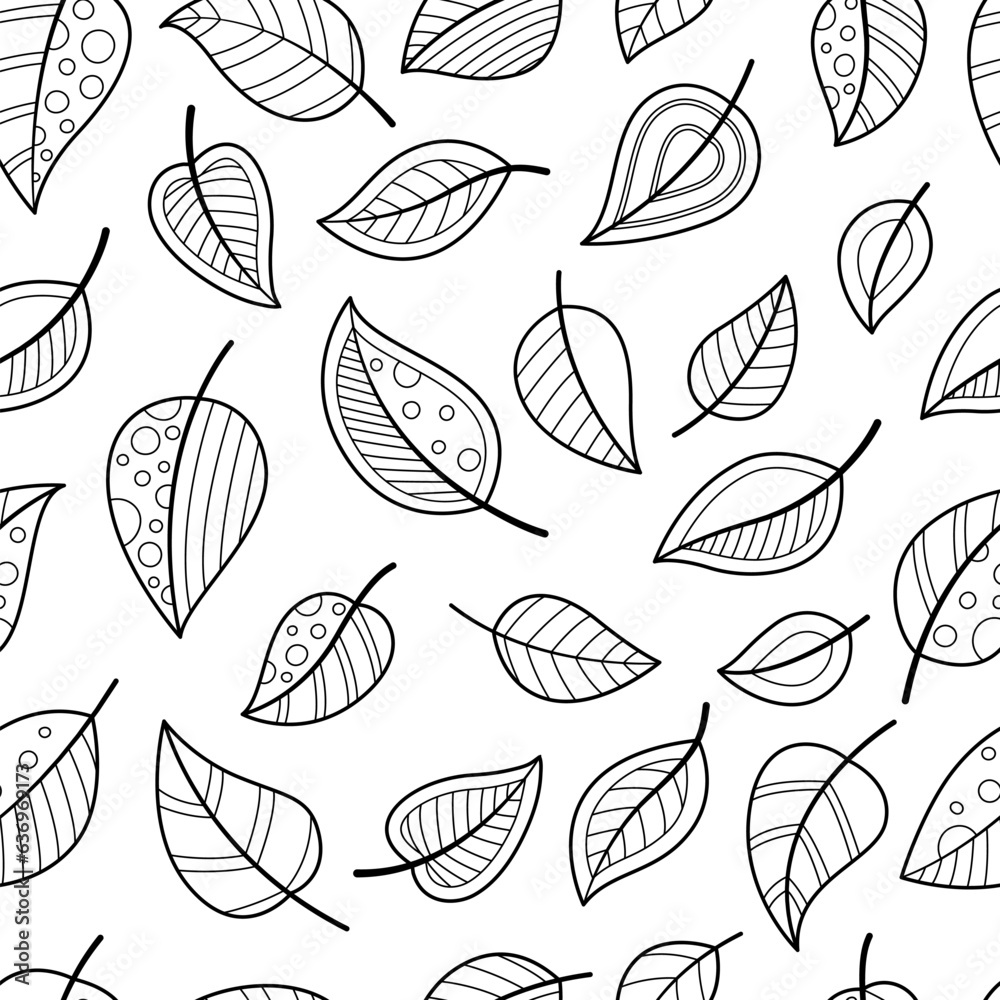 seamless-autumn-leaves-pattern-doodle-coloring-book-page-black-and