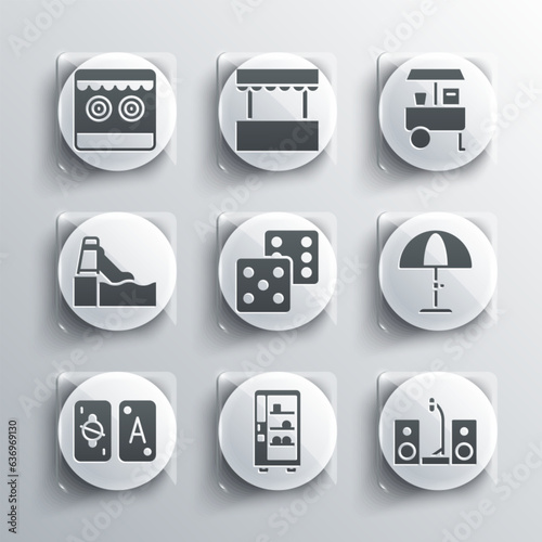 Set Vending machine, Home stereo with two speakers, Sun protective umbrella, Game dice, Tarot cards, Water slide, Shooting gallery and Fast street food cart icon. Vector