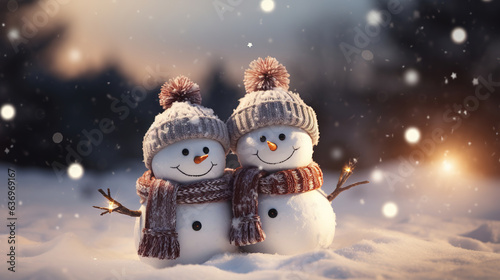 Winter holiday christmas background banner - Closeup of two cute funny laughing snowmen couple with wool hat and scarf, on snowy snow snowscape with bokeh lights © arhendrix