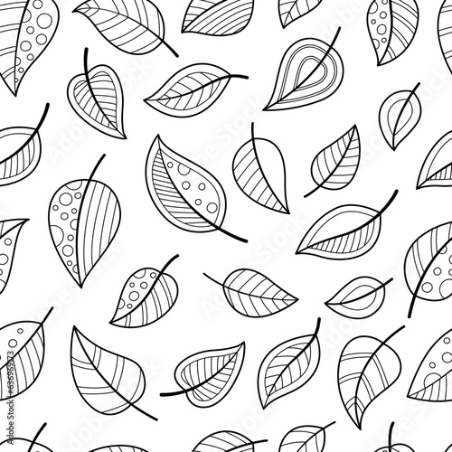 Seamless autumn leaves pattern doodle coloring book page. Black and white vector zentangle illustration.