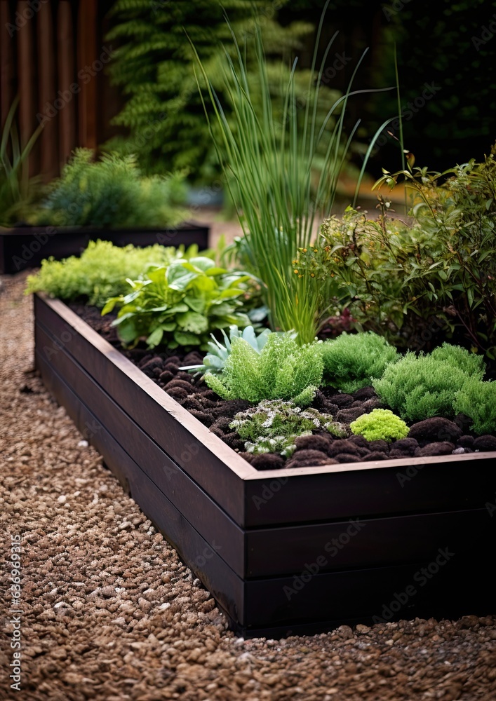 Raised bed garden with plants. Home gardening concept with raised bed gardens Generative AI Raised bed garden with plants. Home gardening concept with raised bed gardens Generative AI