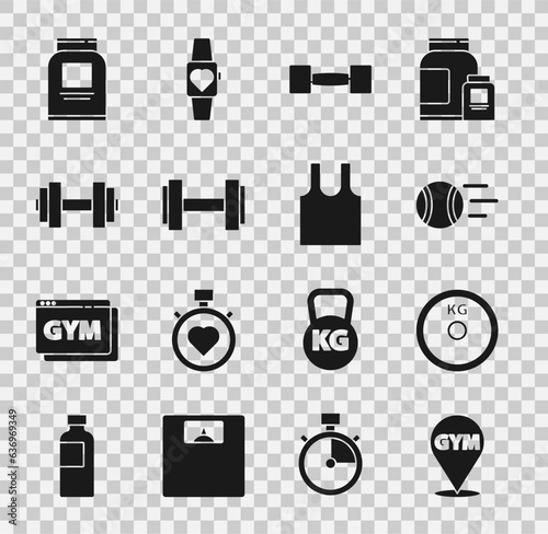 Set Location gym, Weight plate, Tennis ball, Dumbbell, Sports nutrition and Sleeveless T-shirt icon. Vector