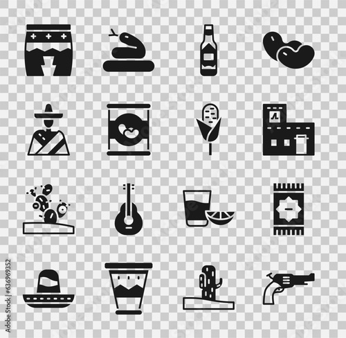 Set Revolver gun, Mexican carpet, house, Tabasco sauce, Beans in, man sombrero, Huehuetl and Corn icon. Vector photo