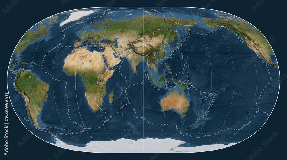 Tectonic plates. Satellite. Natural Earth II projection 90 east