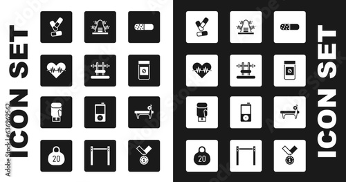 Set Vitamin pill, Bench with barbel, Heart rate, Anabolic drugs, Metal rack weights, and Boxing glove icon. Vector