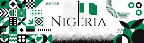 The Nigeria Independence Day abstract banner design with flag and map. Flag color theme geometric pattern retro modern Illustration design. Green color template.
