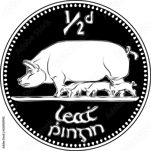 Irish money Pre-decimal gold coin Halfpenny with Pigs on reverse. Black and white image