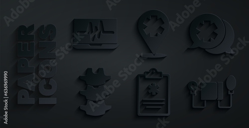 Set Clinical record, Dialogue with the doctor, Human spine, Blood pressure, Location cross hospital and Laptop cardiogram icon. Vector