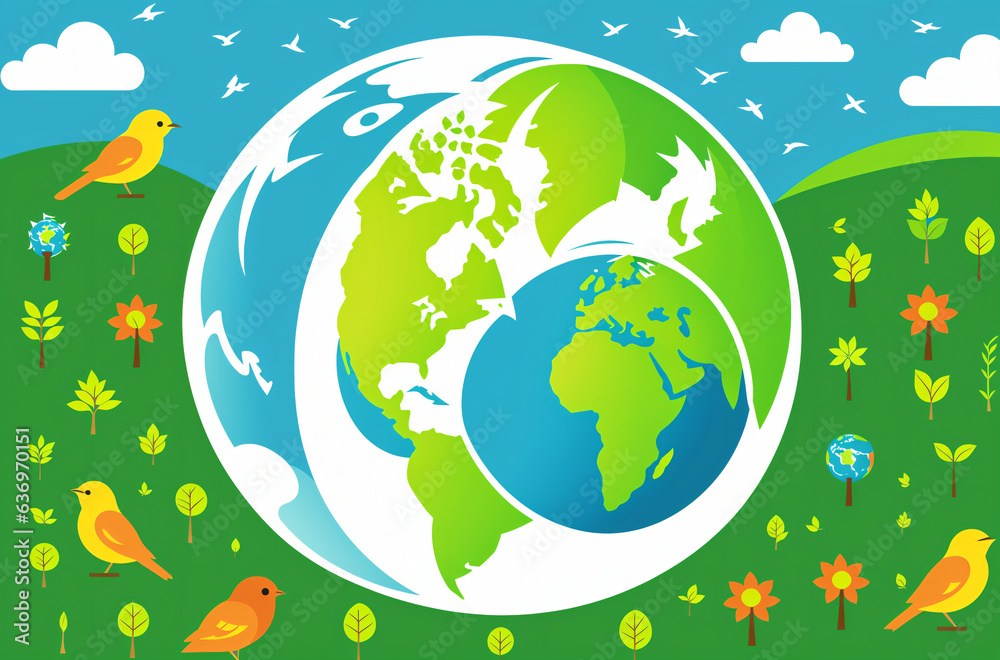 Feathered Friends of Earth: The Earth enclosed by avian companions, set against a background of lush green leaves. Feathered Friends of Earth: The Earth enclosed by avian companions, set against a background of lush green leaves.