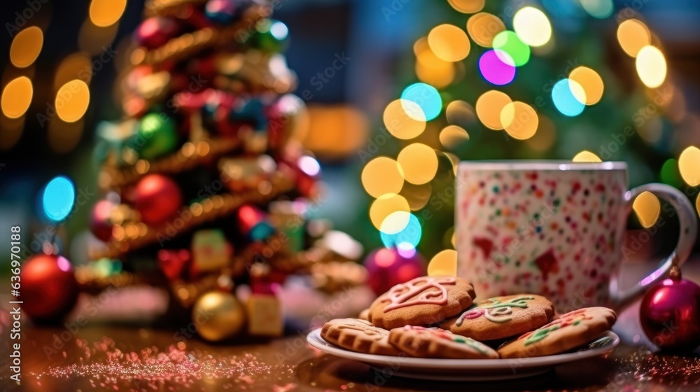 Christmas cookies and cup of coffee with bokeh lights on background. Christmas Greeting Card. Christmas Postcard.
