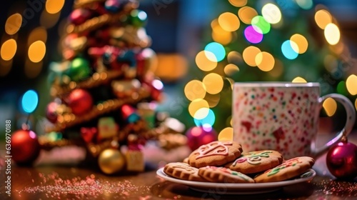 Christmas cookies and cup of coffee with bokeh lights on background. Christmas Greeting Card. Christmas Postcard.