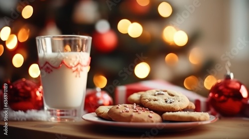 Glass of milk with cookies on wooden table in room decorated for Christmas. Christmas Greeting Card. Christmas Postcard.