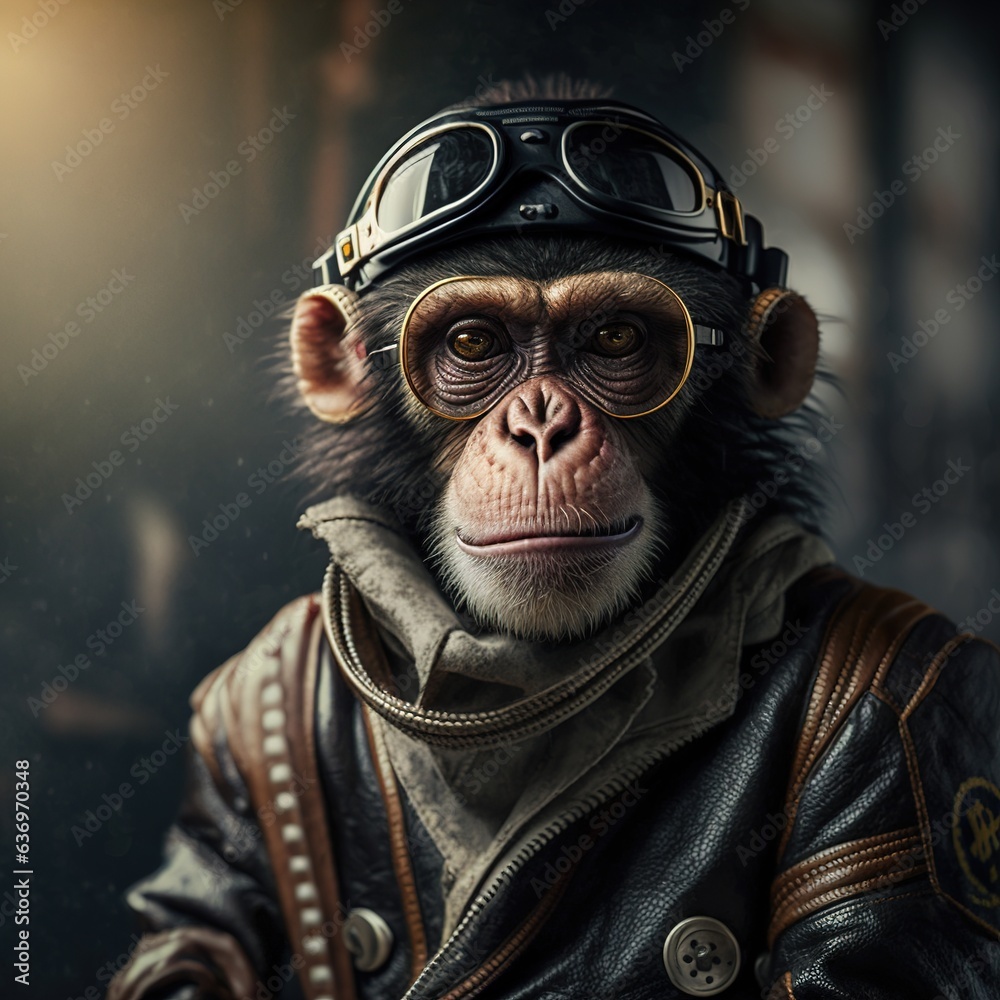 Modern monkey pilot dressed in sunglasses and jacket Modern monkey pilot dressed in sunglasses and jacket
