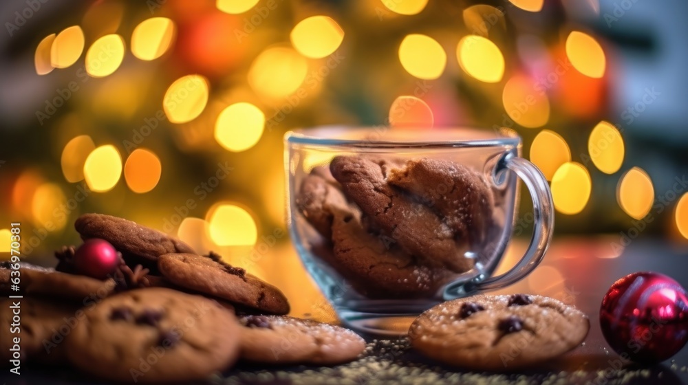 Chocolate chip cookies and cup of coffee with Christmas lights on background. Christmas Greeting Card. Christmas Postcard.