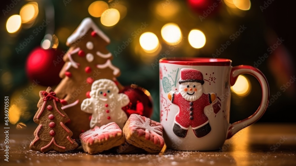 Christmas cookies and cup of coffee on wooden table with bokeh background. Christmas Greeting Card. Christmas Postcard.