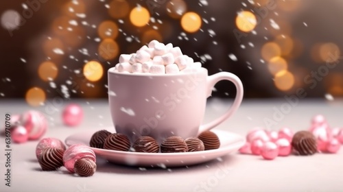 Cup of hot chocolate with marshmallows and candy on bokeh background. Christmas Greeting Card. Christmas Postcard.