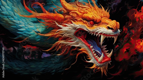 Colorful fantasy dragon close up painting. 