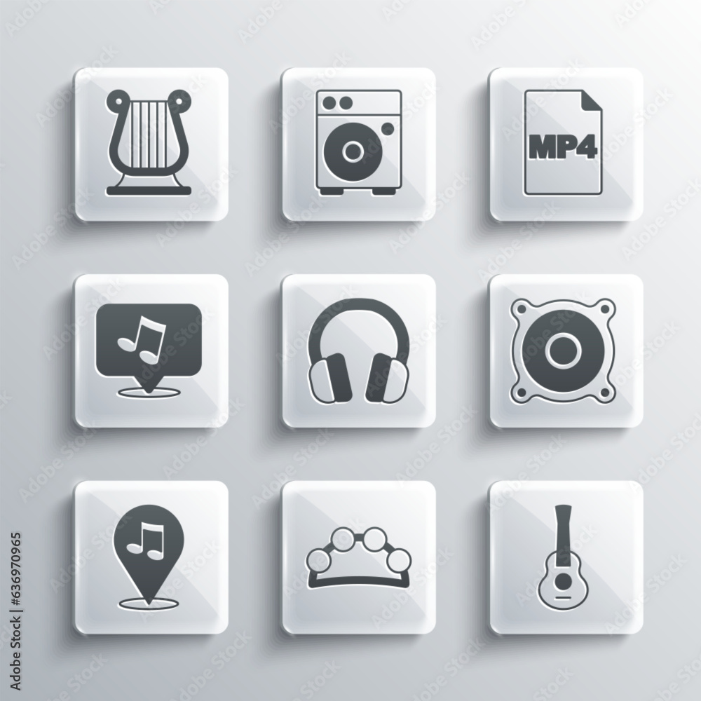Set Tambourine, Guitar, Stereo speaker, Headphones, Location musical note, Music note, tone, Ancient Greek lyre and MP4 file document icon. Vector Set Tambourine, Guitar, Stereo speaker, Headphones, Location musical note, Music note, tone, Ancient Greek lyre and MP4 file document icon. Vector