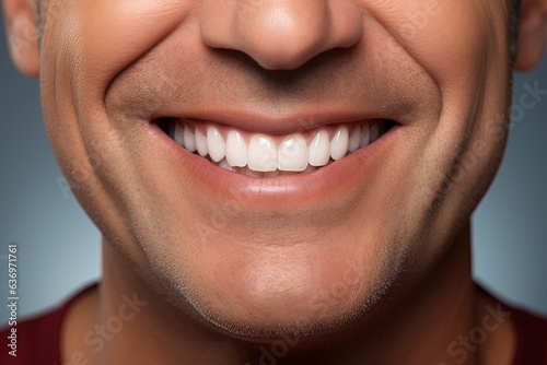 Smiling middle aged Caucasian man with perfectly white even teeth. Smiling mouth close up. Tooth whitening concept.