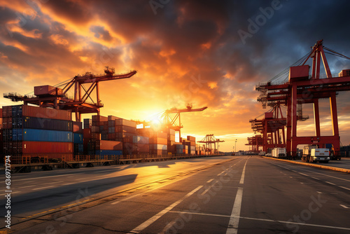 Logistics and transportation of cargo container ship with crane bridge working in shipyard at sunrise, import logistics and shipping industry background photo