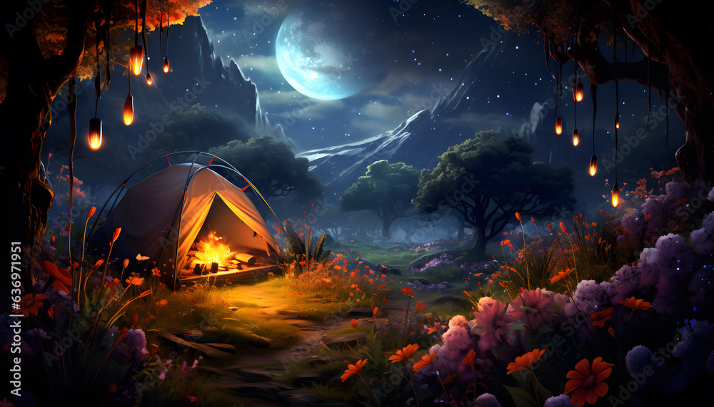 campfire tent night scene among a fantasy forest - obrazy, fototapety, plakaty 