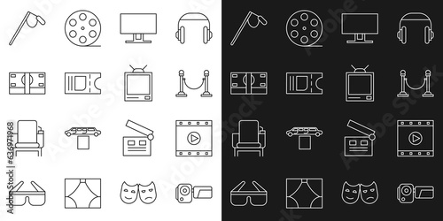 Set line Cinema camera, Play Video, Rope barrier, Smart Tv, ticket, Stacks paper money cash, Microphone and Retro tv icon. Vector