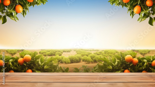 Empty wood table with free space over orange trees  orange field background. For product display montage