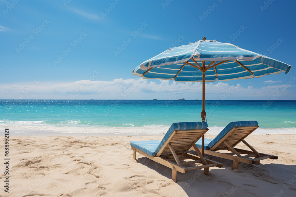 Landscape summer vacation holiday travel ocean sea beach background banner panorama - Wooden sun loungers, lounge chair and parasol on the sand, blue sky and sunshine