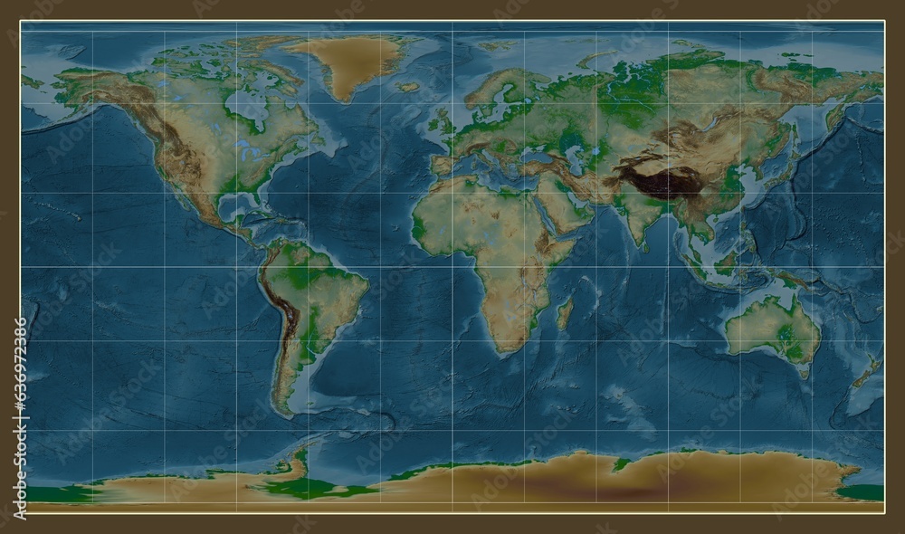 World map. Physical. Patterson Cylindrical projection. Meridian: 0