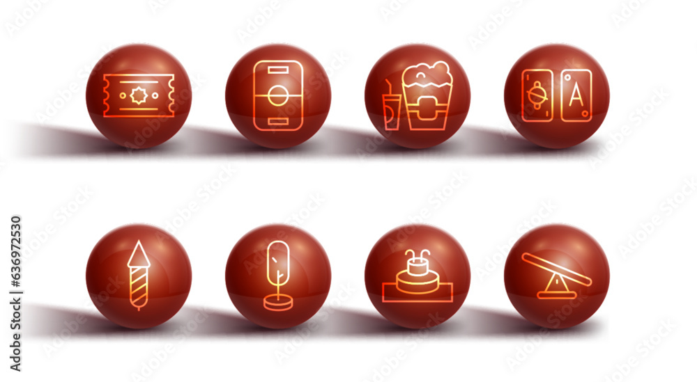 Set line Ticket, Firework rocket, Tarot cards, Fountain, Tree, Hockey table, Seesaw and Popcorn box and glass icon. Vector Set line Ticket, Firework rocket, Tarot cards, Fountain, Tree, Hockey table, Seesaw and Popcorn box and glass icon. Vector
